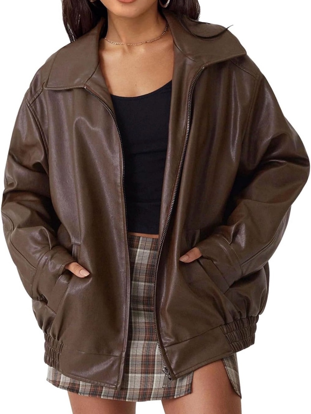 Oversized Brown Faux Leather Jacket for Women
